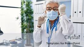  Presentation with syringe - Theme consisting of senior-woman-with-grey-hair background and a light blue colored foreground