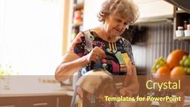  Presentation with water cup - Amazing slide deck having senior-woman-with-kettle-pouring backdrop and a red colored foreground