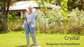  Presentation with gardening - Presentation design featuring senior woman with lawn rake background and a yellow colored foreground