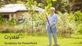  Presentation with people concept surgeon in mask - Cool new theme with senior woman with lawn rake backdrop and a  colored foreground