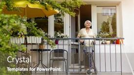  Presentation with walker - Slide deck having senior-woman-with-mobility-walker background and a tawny brown colored foreground