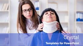  Presentation with injury - Audience pleasing slides consisting of senior woman with neck injury at doctors backdrop and a cobalt blue colored foreground