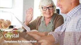  Presentation with international trade payment - Amazing presentation design having senior woman with payment bill backdrop and a coral colored foreground