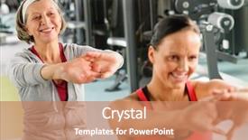  Presentation with stretch - Slide set enhanced with senior woman with personal fitness trainer stretch out at gym background and a coral colored foreground