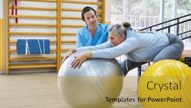  Presentation with rehab - PPT theme featuring senior-woman-with-physiotherapist-guiding background and a gold colored foreground