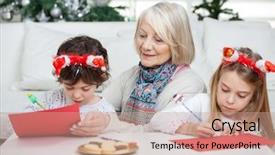  Presentation with siblings - Audience pleasing slide set consisting of senior woman with siblings writing letters to santa claus at home backdrop and a coral colored foreground
