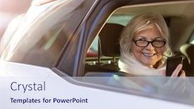  Presentation with car seat - PPT layouts consisting of senior-woman-with-smartphone background and a sky blue colored foreground