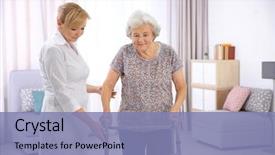  Presentation with home - Colorful presentation design enhanced with senior woman with walking frame backdrop and a light blue colored foreground