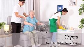  Presentation with caregiver - Presentation theme with senior woman with young caregivers background and a light gray colored foreground