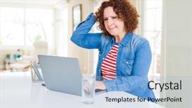  Presentation with brain computer interface head - Amazing PPT theme having senior woman working using computer backdrop and a  colored foreground