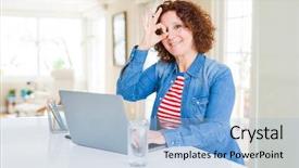  Presentation with computer cartography - Presentation theme consisting of senior woman working using computer background and a light blue colored foreground