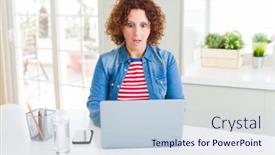  Presentation with computer - Slides featuring senior woman working using computer laptop scared in shock with a surprise face afraid and excited with fear expression background and a lemonade colored foreground