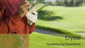  Presentation with golf cart on - PPT theme featuring senior woman writing golf score background and a yellow colored foreground