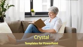  Presentation with people - Presentation design with senior woman writing to notebook background and a violet colored foreground