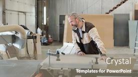  Presentation with senior worker - Amazing PPT theme having senior-worker-of-furniture-producing backdrop and a gray colored foreground