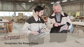  Presentation with senior worker - Amazing slide set having senior-worker-of-modern-factory backdrop and a light gray colored foreground