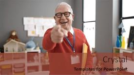  Presentation with teacher - Slide set consisting of senior-working-as-teacher-smiling background and a tawny brown colored foreground