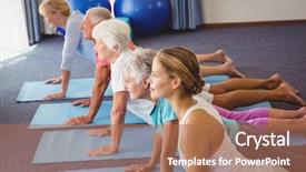  Presentation with seniors - Beautiful slides featuring seniors and fitness instructor stretching their legs during fitness training in retirement house backdrop and a coral colored foreground