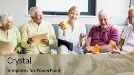  Presentation with retirement - Slides with seniors and nurse holding medicine in a retirement home background and a mint green colored foreground