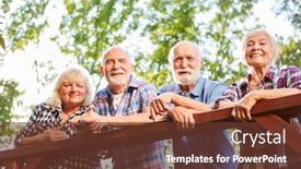  Presentation with railing - Colorful presentation design enhanced with seniors-as-friends-are-leaning backdrop and a tawny brown colored foreground