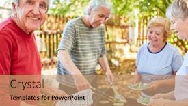  Presentation with summer party - Slide deck featuring seniors-as-friends-or-retirees background and a coral colored foreground