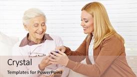  Presentation with guide dog helping blind woman - Cool new PPT layouts with seniors assisted living - smiling woman helping senior woman backdrop and a coral colored foreground