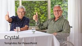  Presentation with assisted living - Colorful presentation enhanced with seniors assisted living - two happy senior men backdrop and a light gray colored foreground