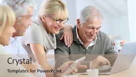  Presentation with people - Presentation enhanced with seniors computers - group of retired senior people background and a coral colored foreground