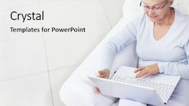  Presentation with young man holdng laptop on lap money - Slide deck featuring seniors computers - mature woman working with laptop background and a  colored foreground