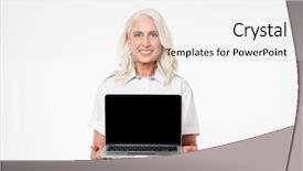  Presentation with laptop blank screen - Theme having seniors computers - portrait of a cheerful mature background and a white colored foreground