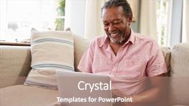  Presentation with 3d man sitting question mark - Slide set featuring seniors computers - senior man sitting on sofa background and a  colored foreground