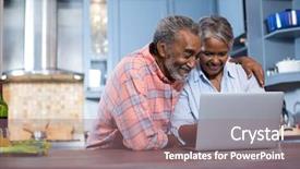  Presentation with kitchen - Theme featuring seniors computers - smiling couple using laptop computer background and a coral colored foreground