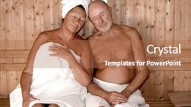  Presentation with seniors - Colorful slide set enhanced with seniors couple relaxing in sauna backdrop and a coral colored foreground