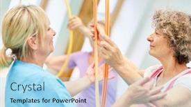  Presentation with tire - Presentation design featuring seniors do exercises with the tire with the help of a physiotherapist background and a arctic colored foreground