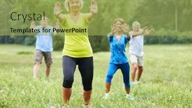  Presentation with tai chi - Slide set with seniors do qi gong or tai chi exercise in a wellness course in nature background and a yellow colored foreground