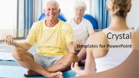  Presentation with seniors - Colorful presentation design enhanced with instructor performing yoga with seniors backdrop and a lemonade colored foreground