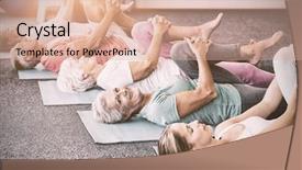  Presentation with seniors - PPT theme featuring hospice - instructor performing yoga with seniors background and a coral colored foreground