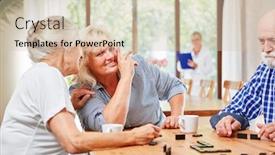 Presentation with domino - Beautiful theme featuring seniors enjoy the domino game in a nursing home or retirement home backdrop and a soft green colored foreground