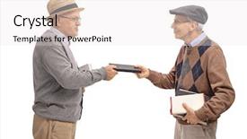  Presentation with seniors - Beautiful PPT theme featuring seniors exchanging books isolated backdrop and a white colored foreground