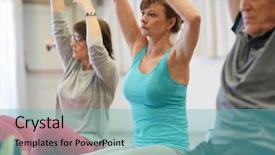 Presentation with fitness for senior citizens - Theme enhanced with seniors exercise - group of senior people attending background and a teal colored foreground