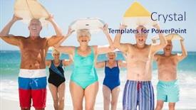  Presentation with seniors - Beautiful presentation featuring seniors holding surfboards at the beach on a sunny day backdrop and a sky blue colored foreground