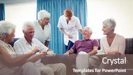  Presentation with retirement - PPT theme featuring seniors interacting with nurse in the retirement house background and a gray colored foreground