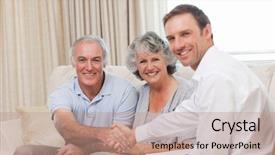  Presentation with seniors - PPT theme featuring seniors with assurance man looking at the camera at home background and a coral colored foreground