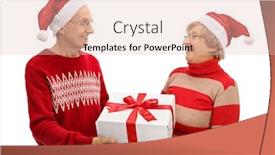  Presentation with gifting - Colorful presentation design enhanced with seniors with santa hats gifting each other isolated on white background backdrop and a lemonade colored foreground