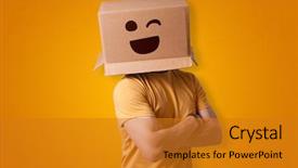  Presentation with cardboard - Cool new PPT theme with sensation - funny man wearing cardboard box backdrop and a gold colored foreground