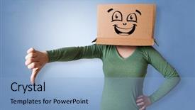  Presentation with happy sad mask face - Presentation theme enhanced with sensation - young woman with happy face background and a light blue colored foreground