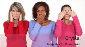  Presentation with taste - PPT theme enhanced with sense taste - three young women expressive background and a coral colored foreground