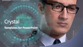  Presentation with human eye - Audience pleasing PPT theme consisting of sensor implanted into human eye backdrop and a  colored foreground