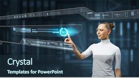  Presentation with sensor - Theme consisting of sensor network - woman working with virtual interface background and a tawny brown colored foreground