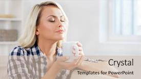  Presentation with coffee cup - PPT theme enhanced with sensory room - attractive girl in shirt enjoying background and a  colored foreground
